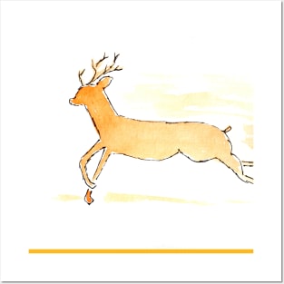 Reindeer in motion, animal portrait. Watercolor illustration on a winter theme, congratulations Posters and Art